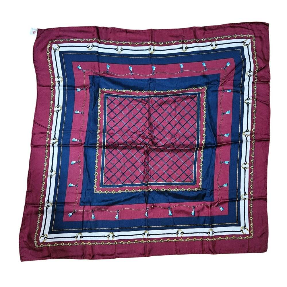 VTG Triangle Silk Scarf Maroon Burgundy Navy Blue Tassel Horseshoe Oblong 30x33
